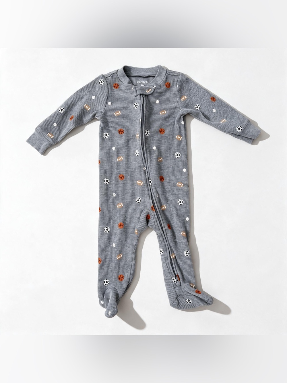 Carter's Baby Boys Gray Waffle Knit Sports Print Footed Sleeper Size 9M